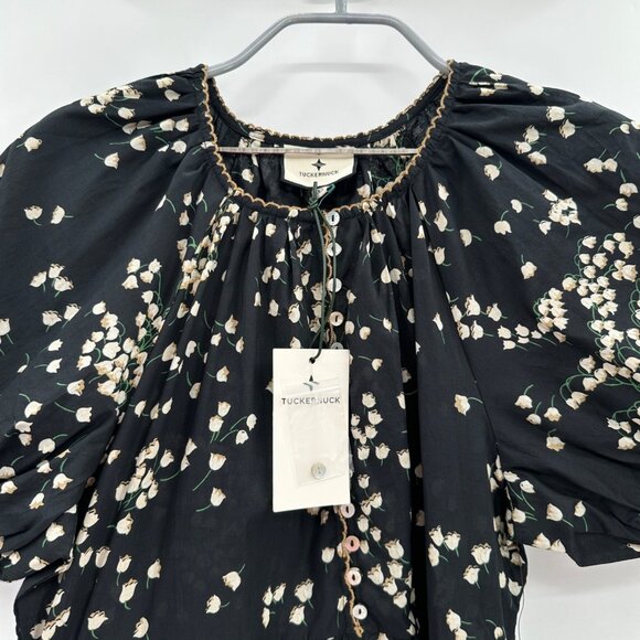 Tuckernuck Black Tossed Floral Mimi Midi Dress XS 100% Cotton A-Line Puff Sleeve - Picture 9 of 11